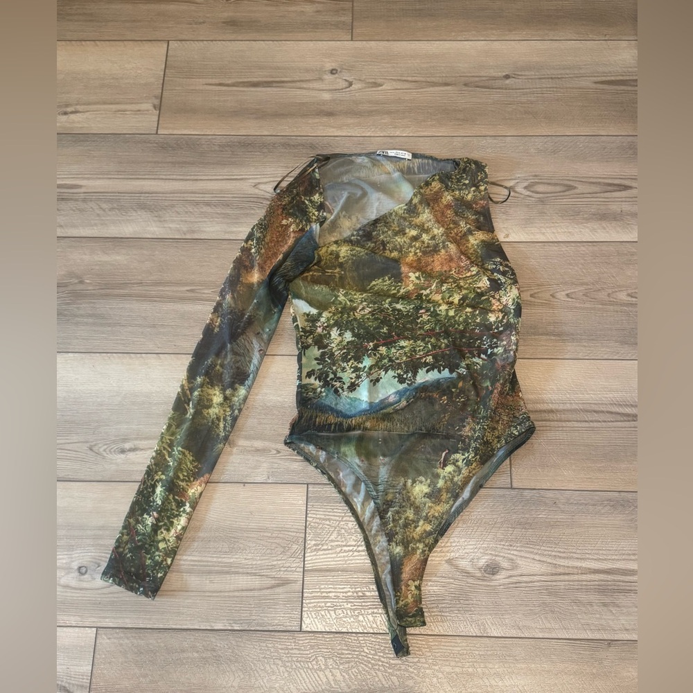 Scenic Print Sheer Long-Sleeve Bodysuit in Earth Tones
